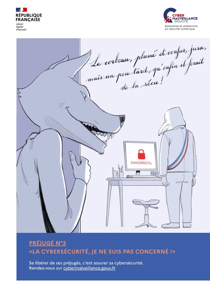 affiche campagne cybermalveillance Le corbeau et le renard. image sensibilisation collectivité. Les freins des collectivités en matière de cybersécurité