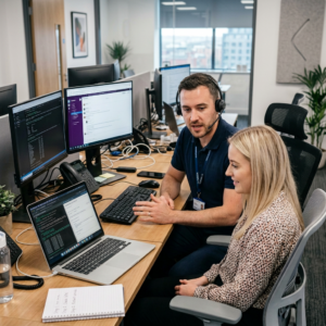 Ultra-realistic IT specialist assisting client at individual desk