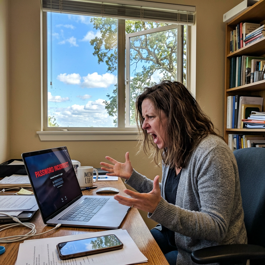 Woman gesturing at laptop displaying “PASSWORD INCORRECT”
